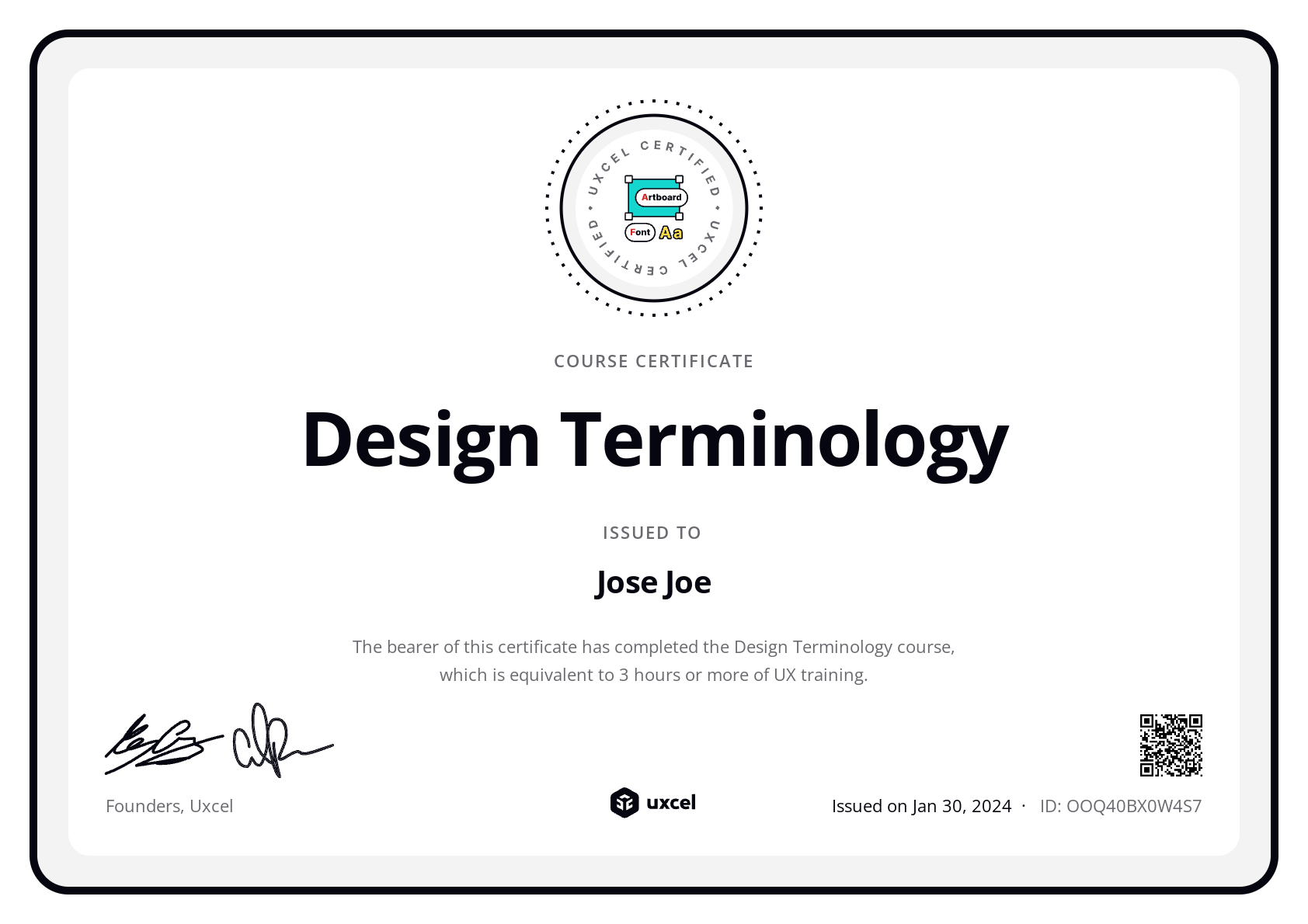 Jose Joe's certificate